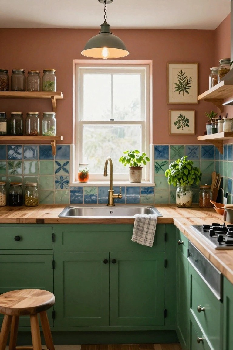 Compact kitchen with emerald green lower cabinets, light wood countertops, blue and green patterned backsplash tiles around a stainless sink and brass faucet, open wood shelves holding glass jars and potted plants, and a stool nearby.