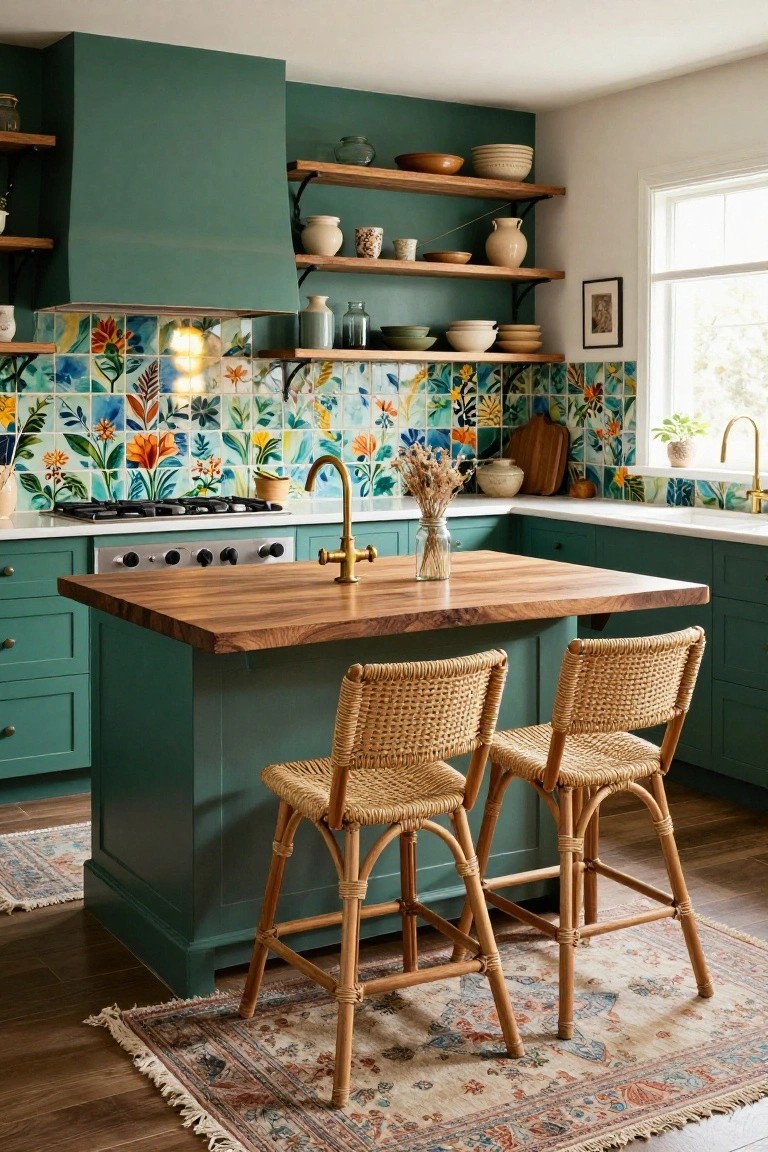 Emerald green kitchen island with wood butcher block top and rattan bar stools, flanked by matching green cabinets, colorful floral tile backsplash, brass faucet, and open wood shelving.