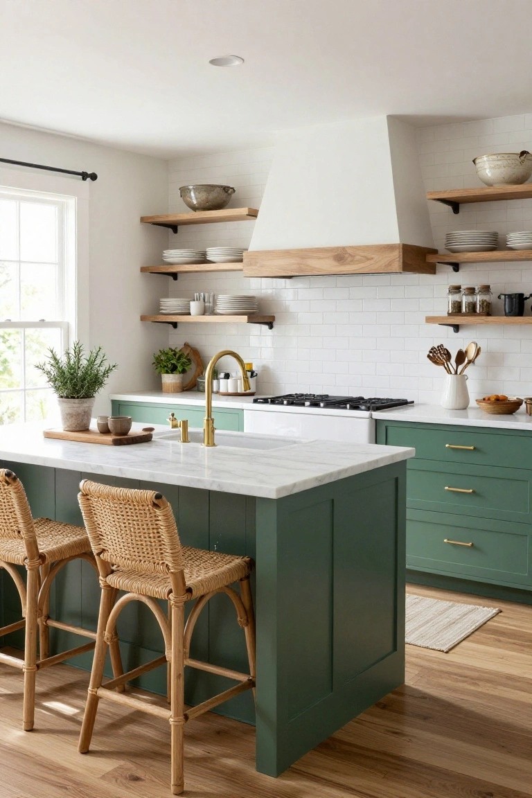 Kitchen interior with emerald green center island topped in white marble, rattan bar stools, white shaker cabinets, brass faucet, wood open shelves, and subway tile backsplash.