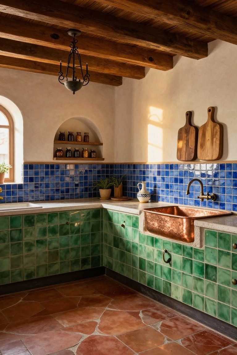 Rustic kitchen corner featuring emerald green tiled lower cabinets, blue tiled backsplash, copper farmhouse sink, arched wall niche with jars, wooden beams, and terracotta tile floor.