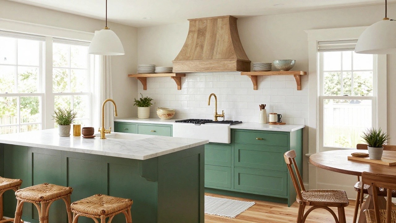 Kitchen interior with emerald green center island topped in white marble, rattan bar stools, white shaker cabinets, brass faucet, wood open shelves, and subway tile backsplash.