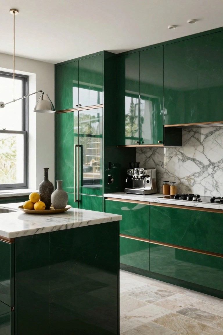 Modern kitchen with glossy emerald green cabinets, white marble countertops and backsplash, brass trim details, built-in appliances, and lemons on the island.