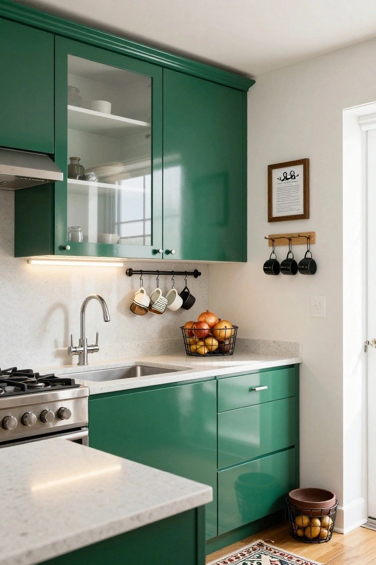 Kitchen corner with glossy emerald green upper and lower cabinets, white quartz countertop, stainless steel sink and range, hanging mugs, and fruit baskets nearby.