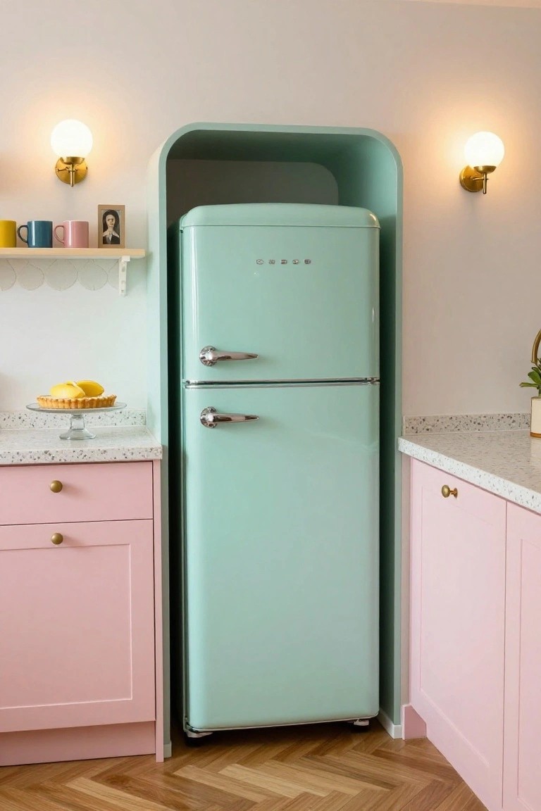 Mint green retro Smeg fridge housed in a curved teal alcove next to pink cabinets, speckled white countertop, wood flooring, and wall sconces in a kitchen.