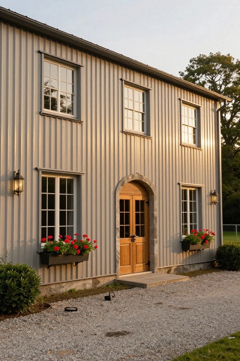 Gray corrugated metal building exterior with arched wooden double doors in stone surround as entry, flanked by multi-pane windows, flower boxes with red geraniums, wall lanterns, gravel path, shrubs, and trees at dusk.
