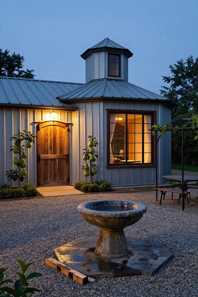 Gray metal octagonal building with arched wooden double door entrance flanked by potted pear trees, large window, fountain on gravel courtyard, and bench at dusk.