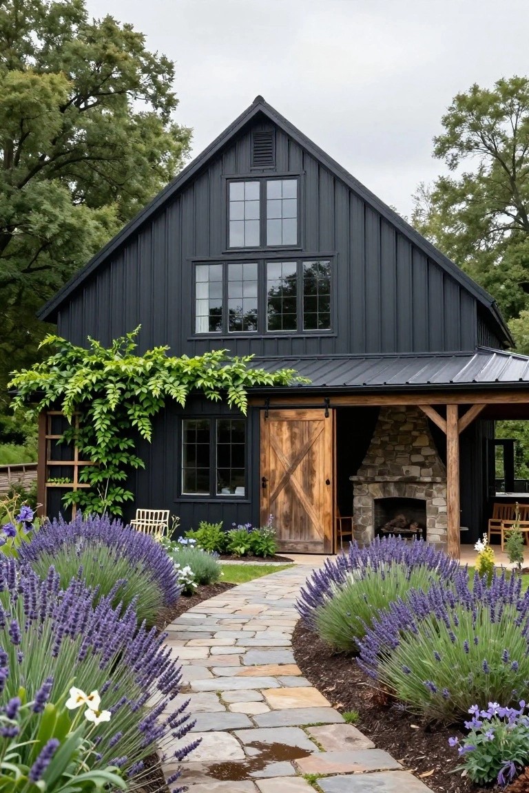 Black vertical board-and-batten sided gable-roof house with large windows, wooden barn door, covered porch featuring stone outdoor fireplace, lavender shrubs, and stone walkway in a garden setting.