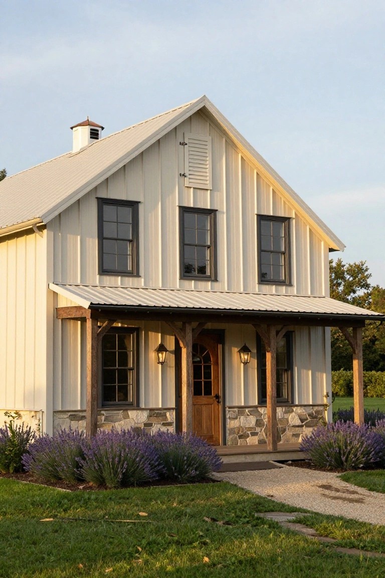 Front view of a single-story white board-and-batten house with gabled metal roof, covered porch, black-framed windows, wooden door, stone foundation, and lavender bushes along the sides.