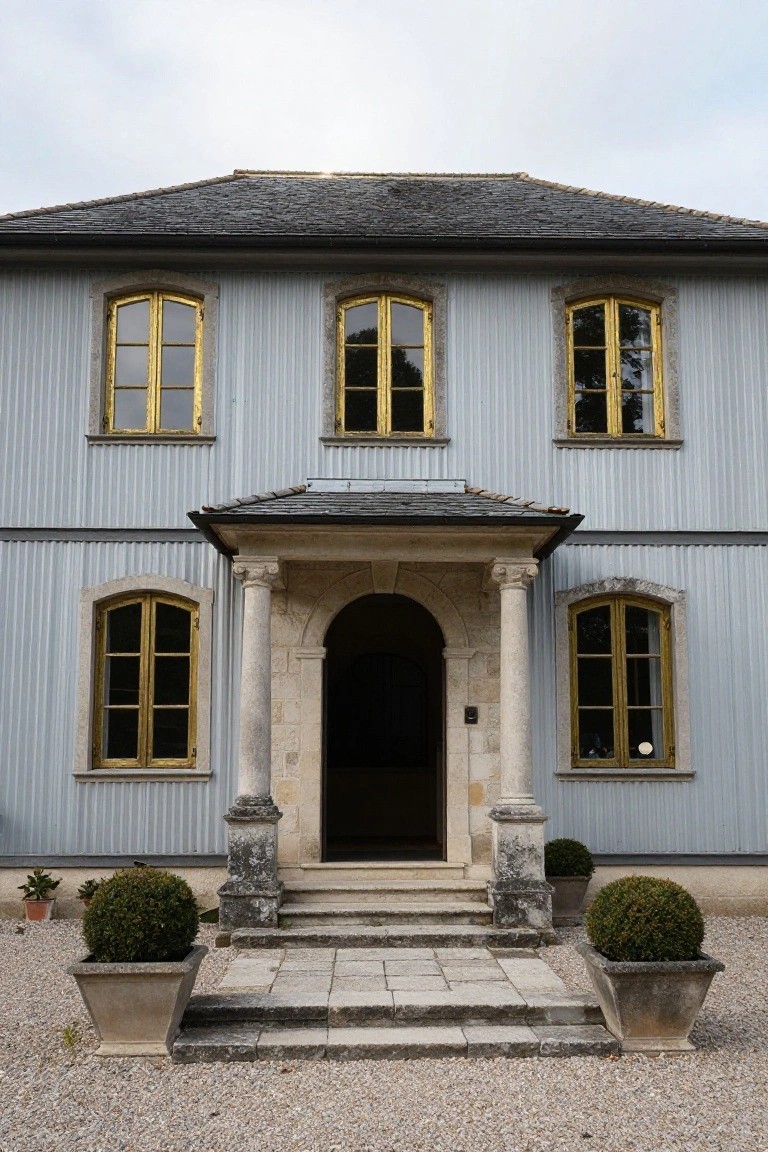 Elegant stone villa with blue siding, arched entry, and gold-framed windows.