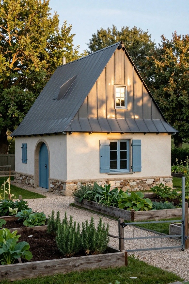 Small beige stucco garden shed with dark gray metal gable roof, arched turquoise door, matching shutters on window, stone base, surrounded by raised wooden vegetable beds, gravel path, and greenery.