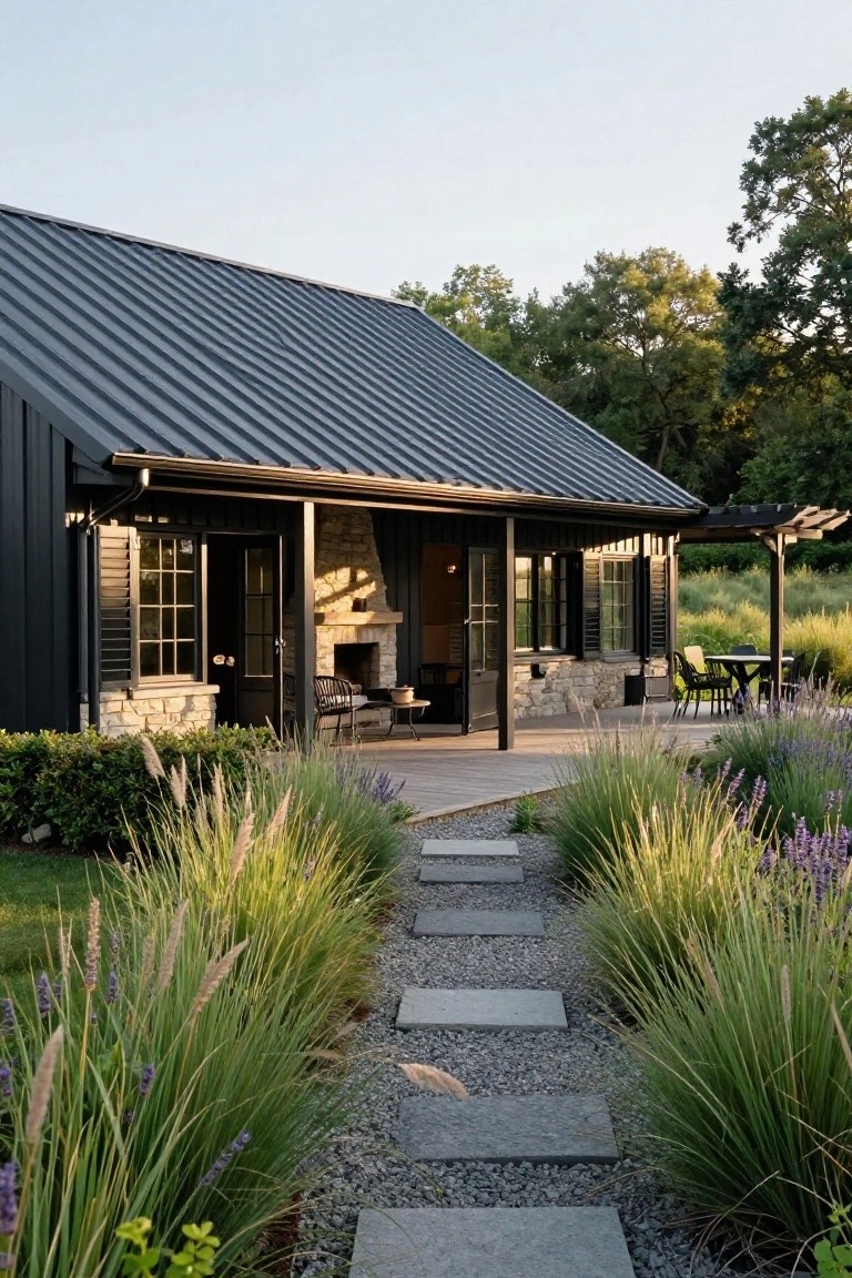 Black metal-roofed house with board-and-batten siding, stone chimney and outdoor fireplace on a covered porch, wooden deck with chairs and table under a pergola, stone paver path through tall ornamental grasses and lavender plants leading to the entrance.