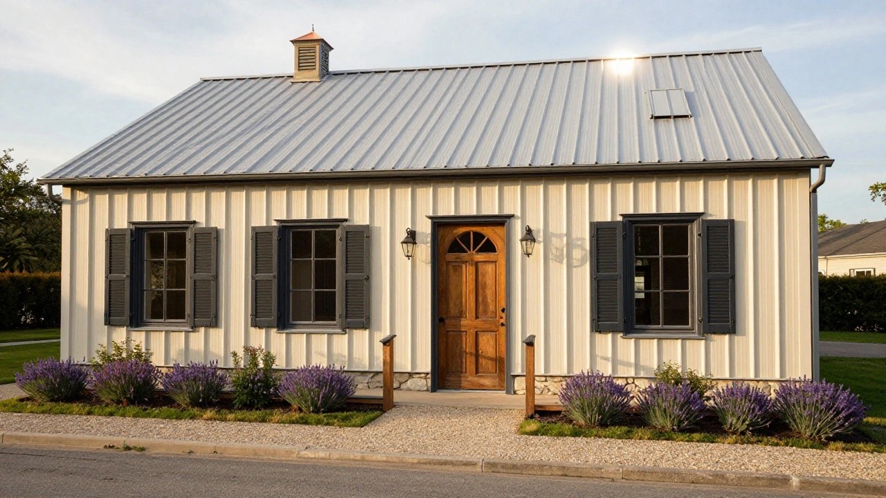 Front view of a single-story white board-and-batten house with gabled metal roof, covered porch, black-framed windows, wooden door, stone foundation, and lavender bushes along the sides.