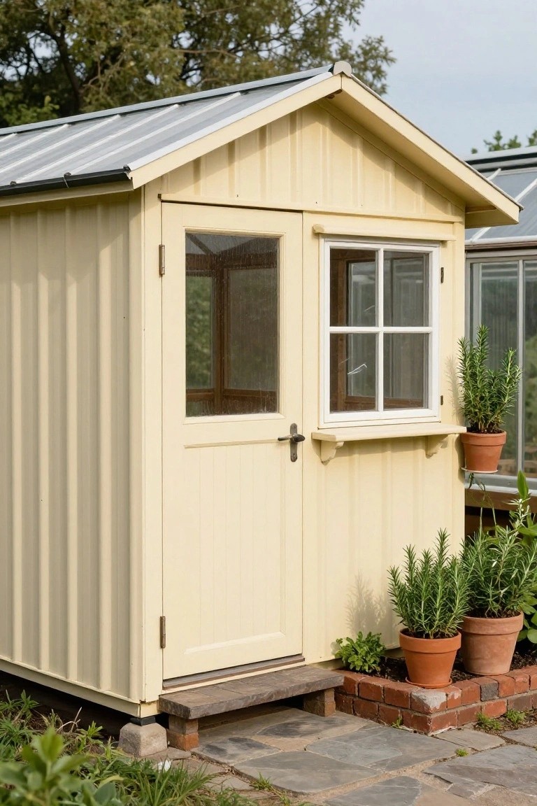 Small pale yellow wooden garden shed with corrugated metal roof, board-and-batten siding, glazed door and window, potted rosemary plants nearby, stone step, and brick edging on a garden path.