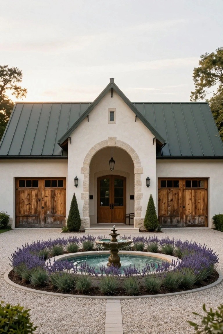 Front view of a single-story white stucco house with dark green metal gable roof, arched stone entryway with wooden doors, wooden garage doors on both sides, and a circular fountain surrounded by lavender plants in a gravel courtyard.