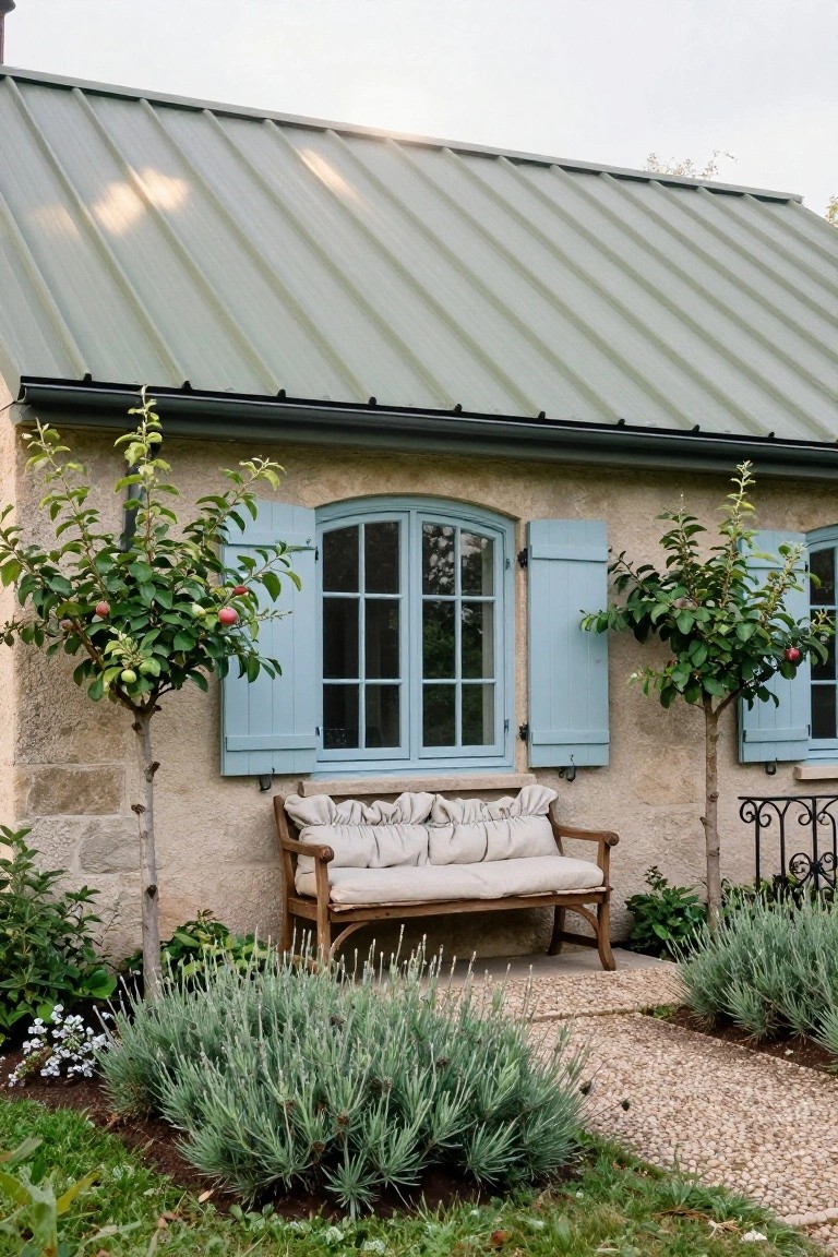 Stone cottage exterior with green standing seam metal roof, arched blue-shuttered windows, two small apple trees on either side, cushioned wooden bench in front, lavender bushes, and gravel path.