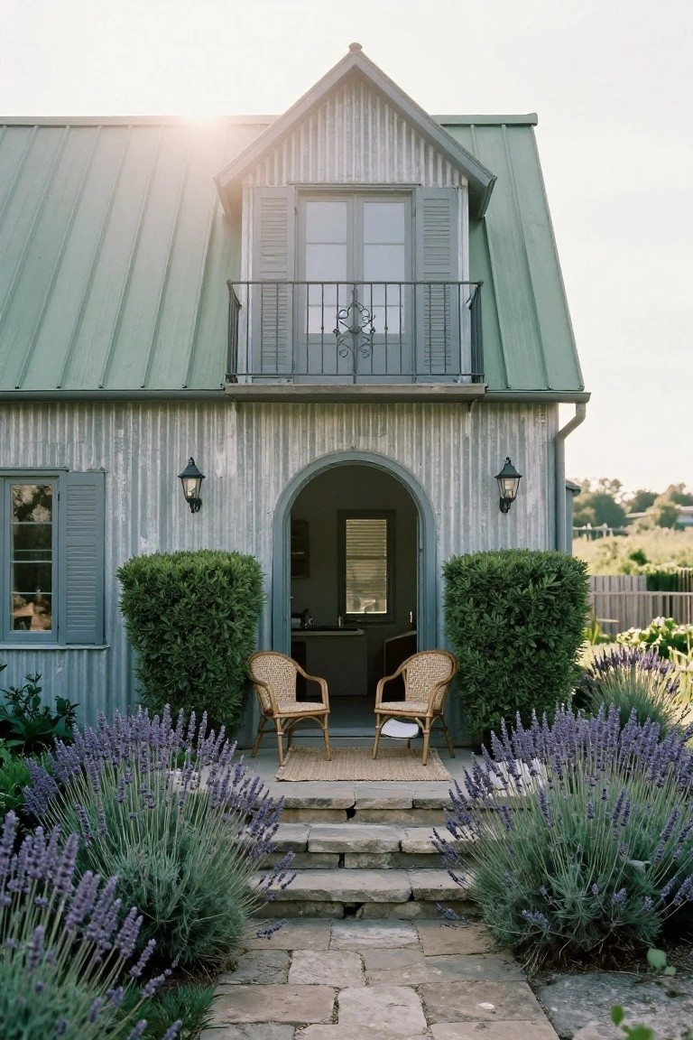 Front exterior of a small house clad in light gray corrugated metal siding under a green metal gabled roof, featuring an upper balcony, arched entry porch with two rattan armchairs and lanterns, flanked by boxwood hedges and lavender plantings along stone steps.