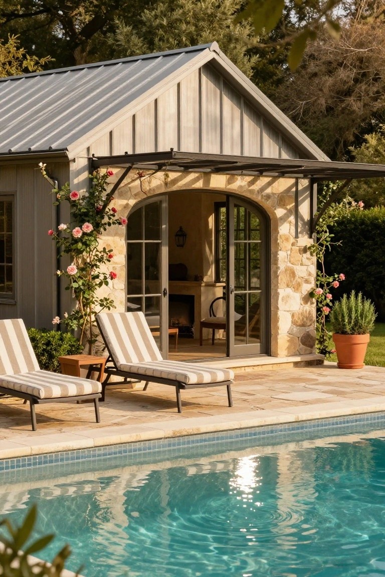 Gray metal-roofed wooden pool cabana with beige stone arched glass doorway open to interior, pink climbing roses on exterior, two striped lounge chairs on beige tiled patio adjacent to turquoise pool with trees and plants in background
