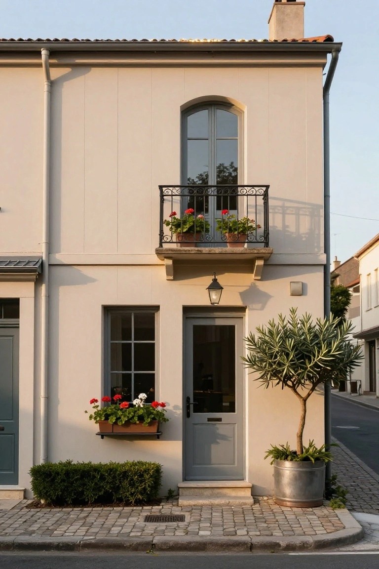 Beige townhouse facade with balcony, gray door, and potted plants.
