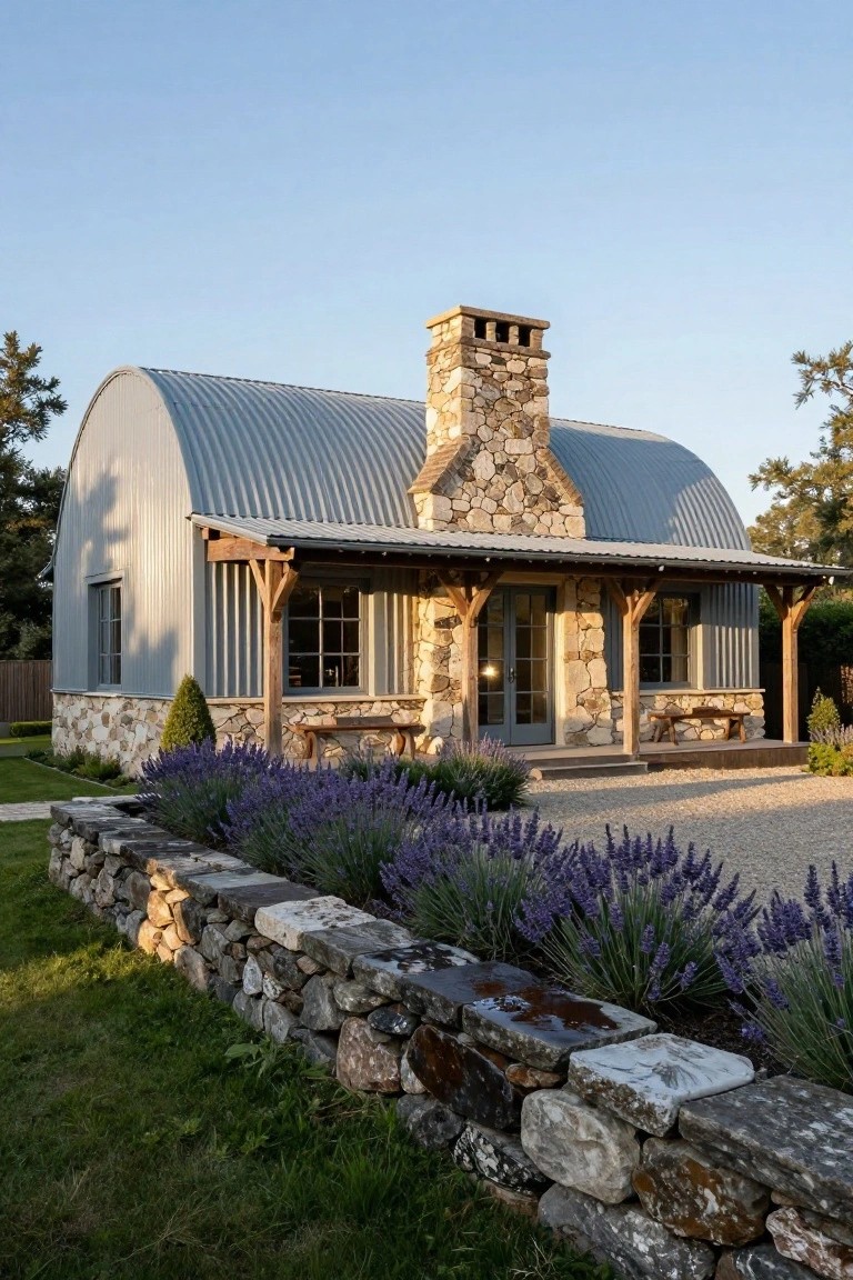Exterior of a small arched corrugated metal building home with a tall stone chimney, wooden porch posts, stone base, gravel path, and lavender plants along a stone retaining wall.