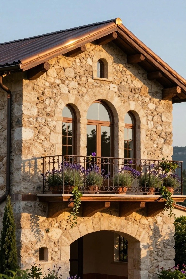A two-story stone house exterior with copper metal roof, arched windows and entry, wrought-iron balcony with potted lavender plants, and cypress trees in the foreground at dusk.