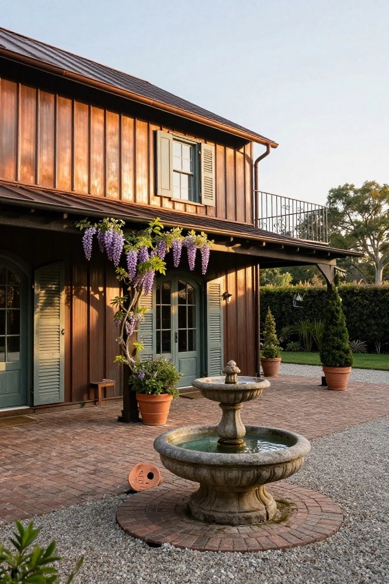 Wood-sided house exterior with copper patina metal roof, purple wisteria vine climbing a porch post near green arched double doors and shutters, stone fountain on brick paver circle in gravel patio area with potted plants.