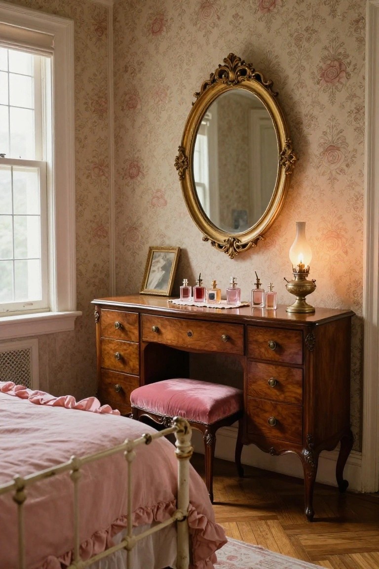 A bedroom corner with an ornate wooden vanity dresser, pink velvet stool, gilded oval mirror, perfume bottles on a doily, brass oil lamp, floral pink wallpaper, and partial view of a pink ruffled bed.