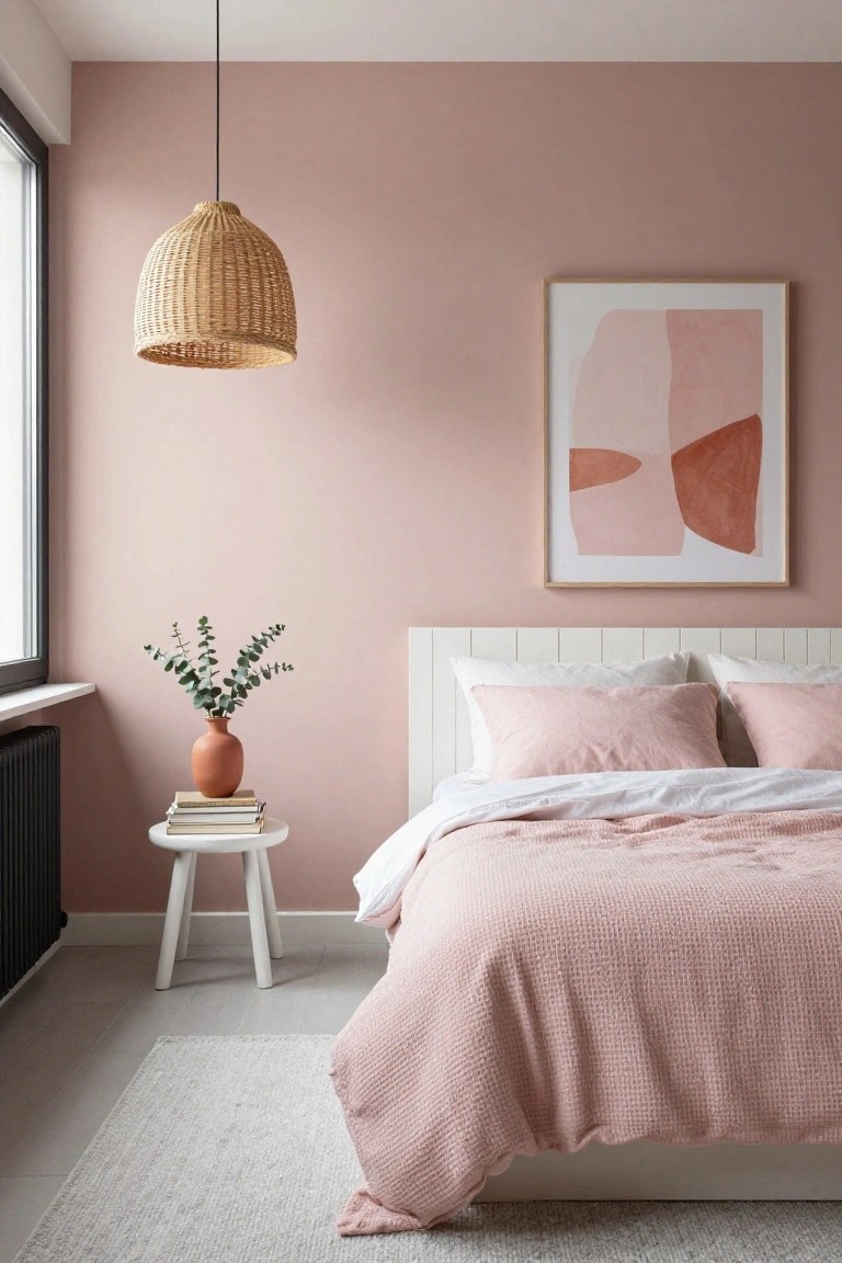 Bedroom with blush pink walls, white paneled bed frame with pink quilt and pillows, woven rattan pendant lamp, abstract pink geometric artwork in wood frame, white stool holding books and terracotta vase of eucalyptus branches next to black radiator, gray area rug on light floor.