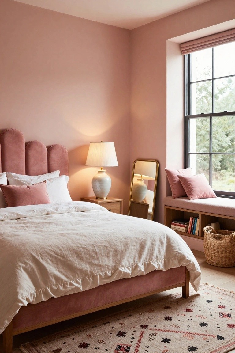Pink bedroom with velvet bed, white linens, and arched window seat.