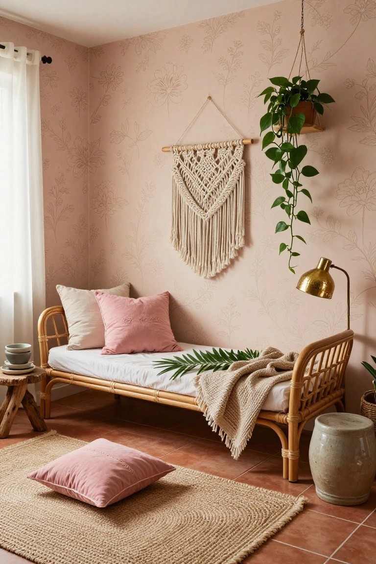 A small bedroom corner featuring blush pink floral wallpaper, a rattan daybed with white bedding, pink pillows, palm fronds, knitted throw, macrame wall hanging, hanging plant, gold lamp, floor cushion, seagrass rug, and terracotta tile floor.