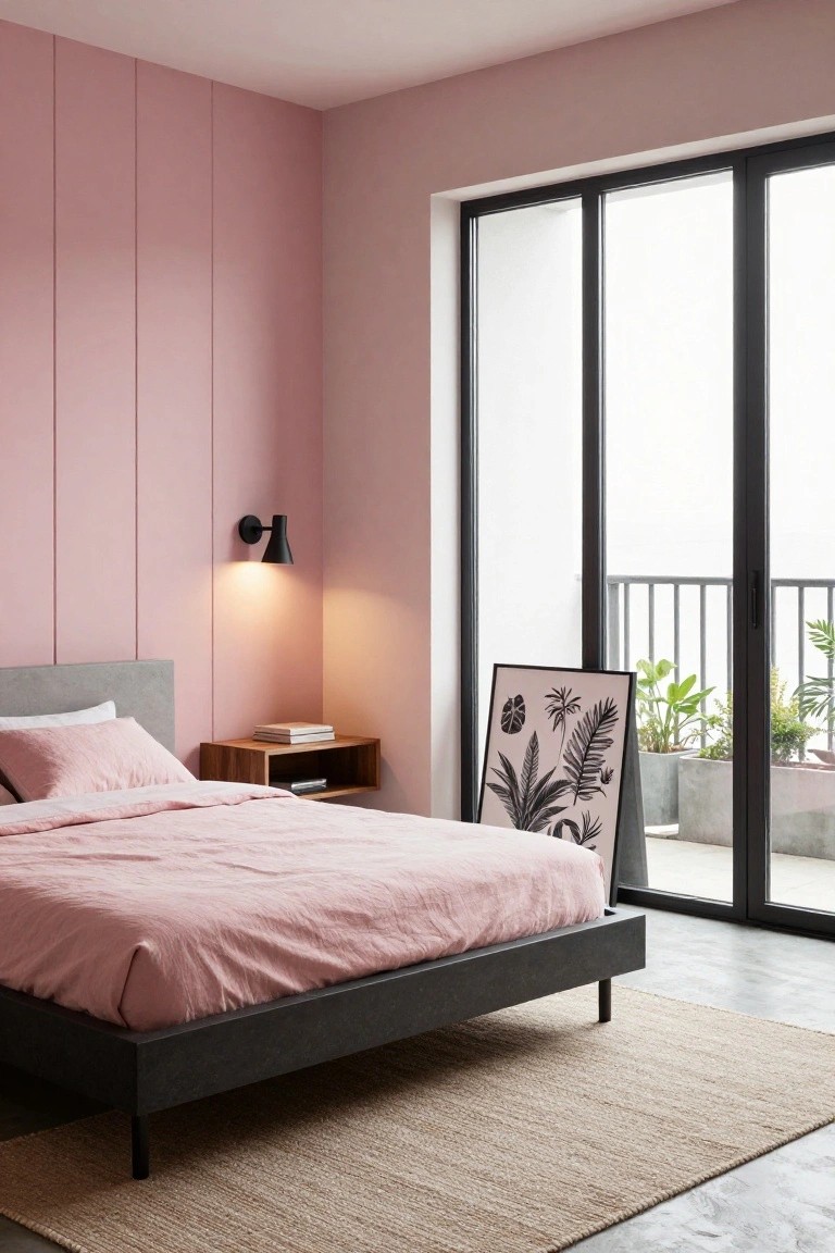 Modern bedroom featuring blush pink vertical paneled walls, gray upholstered bed platform with pink linen bedding, wooden floating nightstand, black wall-mounted lamp, black-framed leaf artwork, and black-framed sliding glass doors opening to a balcony with potted plants.