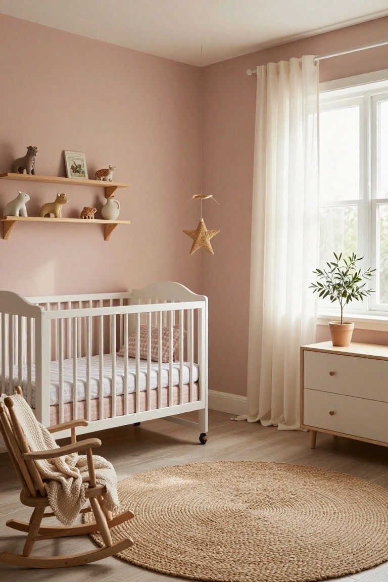 A nursery with blush pink walls, white crib with pink bedding, wooden rocking chair on a seagrass rug, oak shelves holding animal figurines, star mobile, sheer curtains at window, and potted olive tree on dresser.