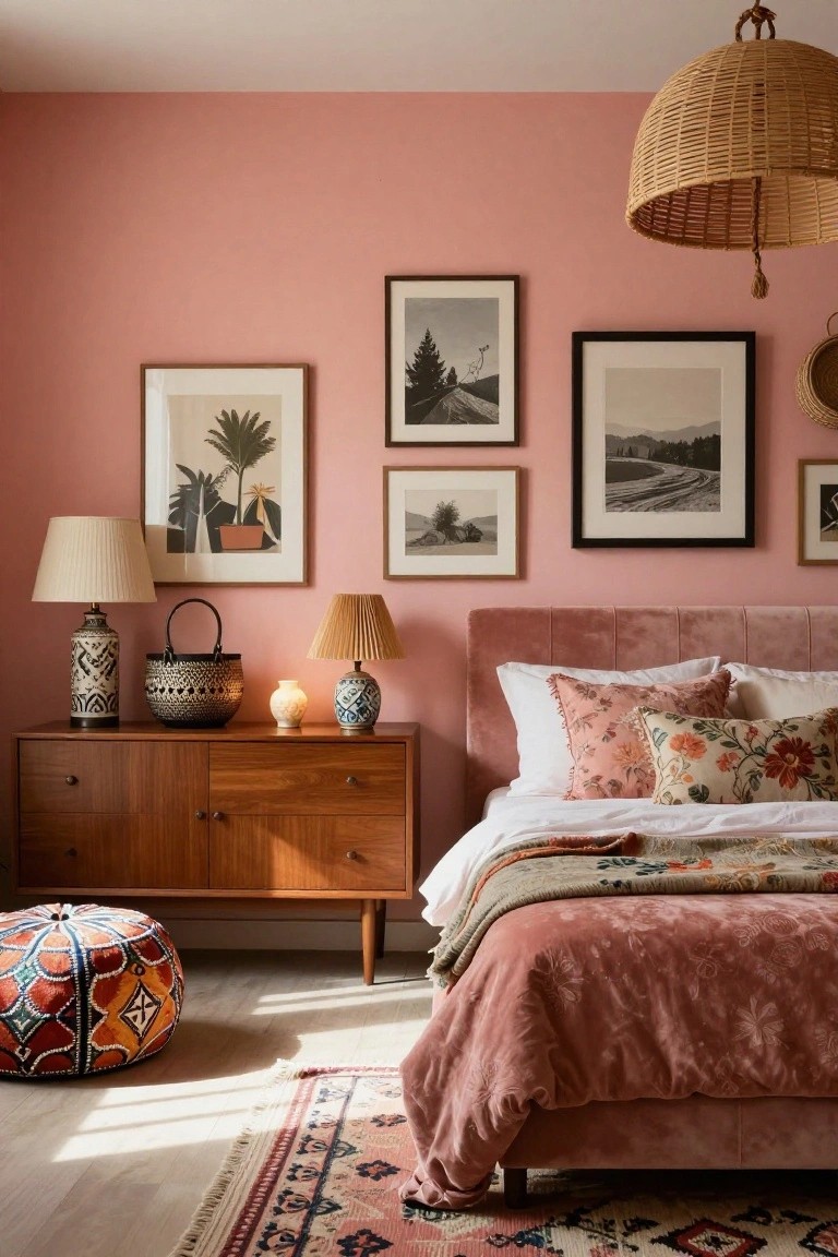 Bedroom with blush pink walls, pink velvet tufted headboard, mid-century wooden dresser with lamps and basket on top, assorted framed black-and-white photos, rattan pendant light, colorful patterned pouf, and Persian-style rug.
