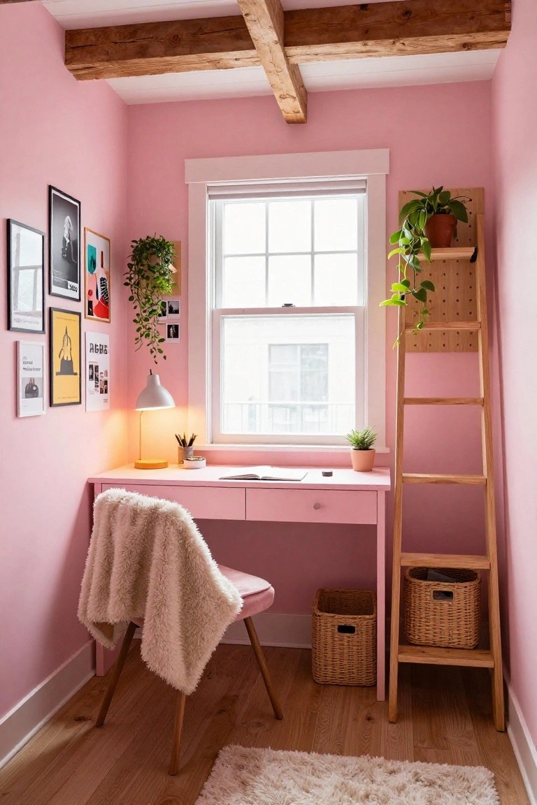 Small pink room with pink desk, fluffy white chair draped over it, wooden ladder shelf beside the desk holding plants, baskets, and pots, wall art, lamp, and window.