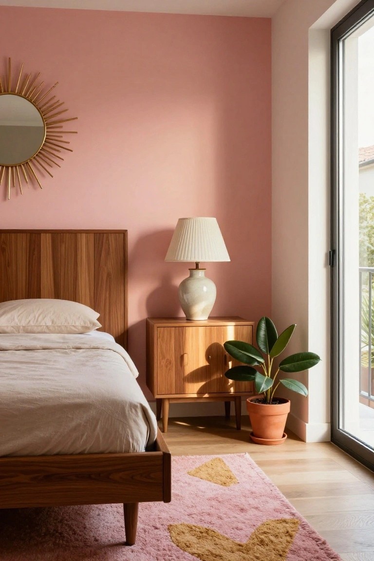Pink bedroom with wooden bed, sunburst mirror, lamp, and potted plant.