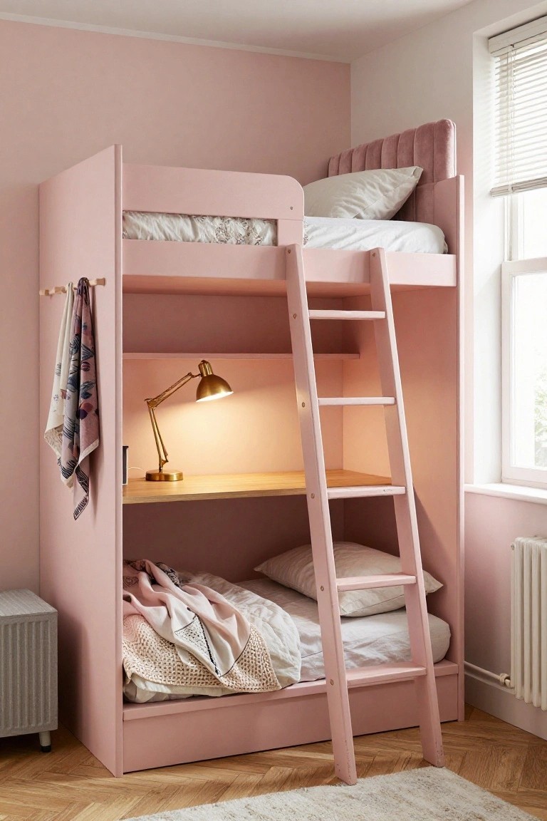Pink wooden bunk bed with desk, lamp, and ladder in bedroom.