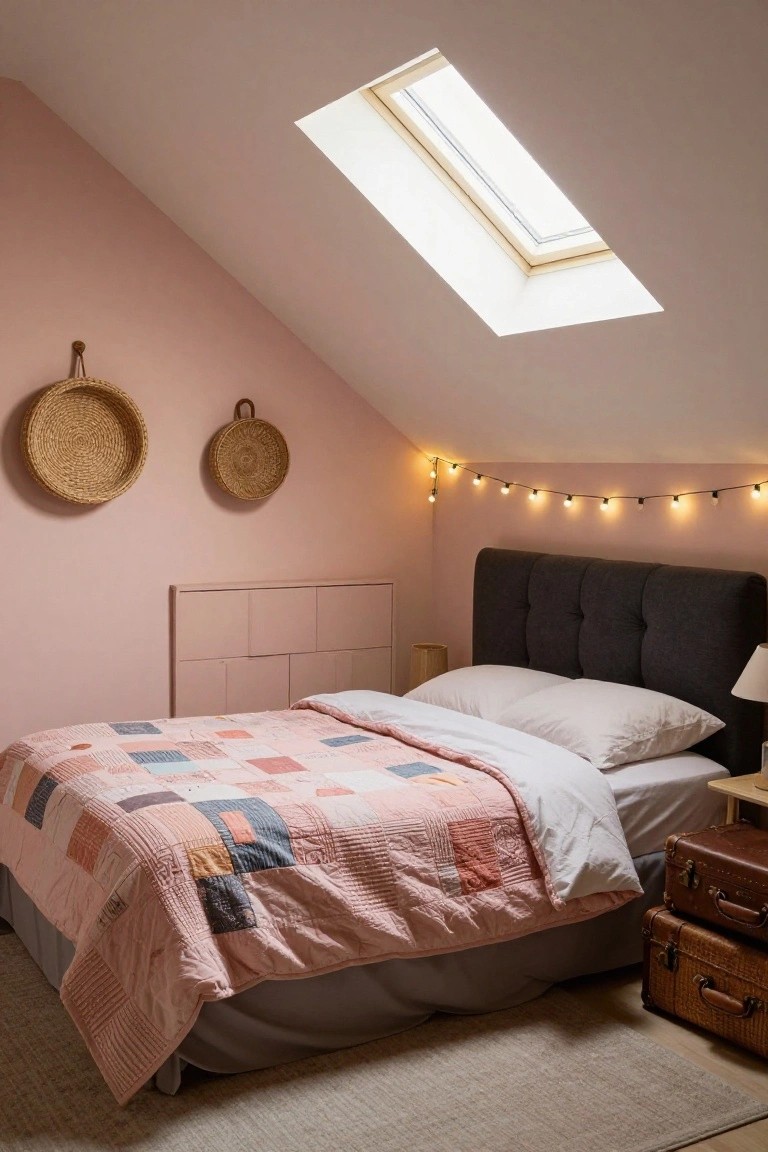 Cozy pink attic bedroom with skylight, patchwork quilt, and string lights.