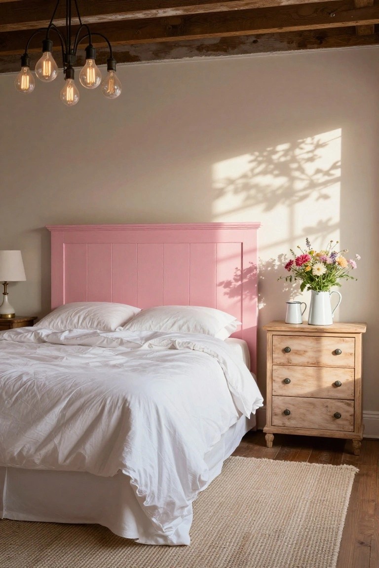 Bedroom interior with a bright pink paneled headboard on a double bed with white sheets, wooden nightstand holding a vase of flowers and lamp, beige walls, exposed wood beams on ceiling, and black pendant light with exposed bulbs.