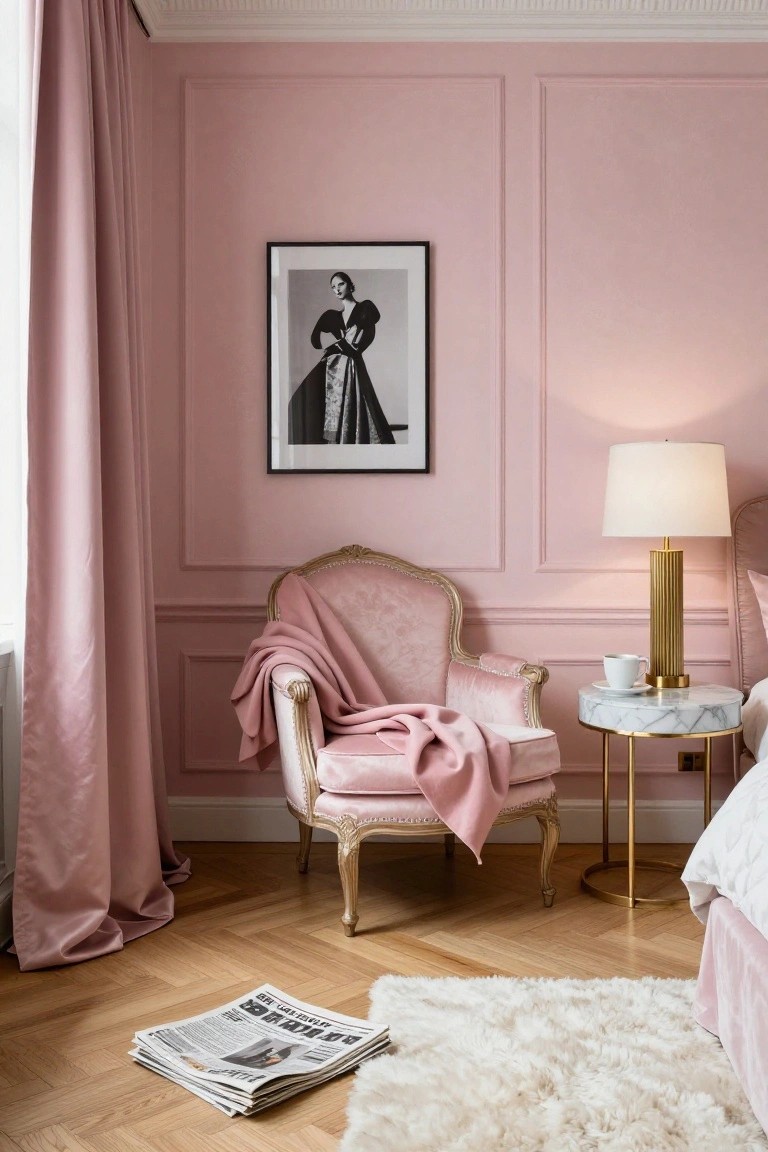 Blush pink bedroom corner showing ornate pink velvet armchair with pink throw draped over it, gold fluted lamp and coffee cup on white marble side table beside pink bed edge, pink walls with paneling, heavy pink curtains, and sheepskin rug on parquet floor.
