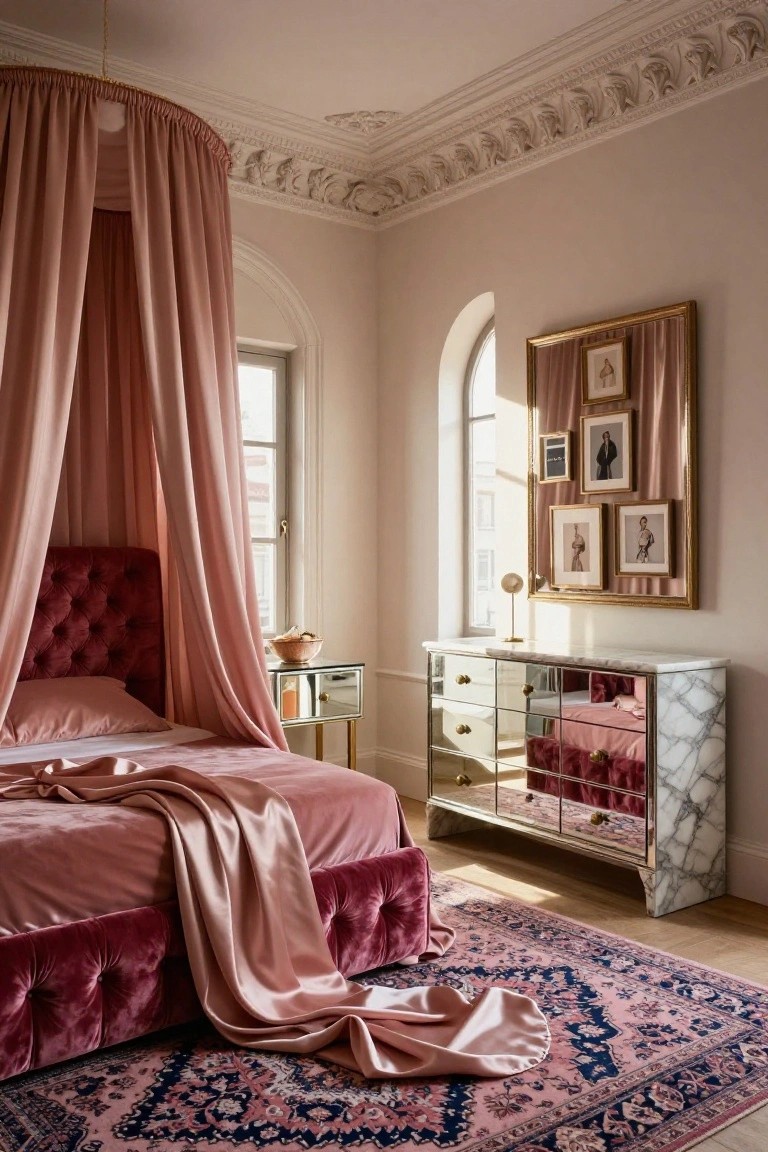 Pink tufted canopy bed with draped blush fabric, silk sheets, mirrored marble-topped dresser, gold-framed artwork, and Persian-style rug in a pale bedroom with ornate ceiling and arched window.