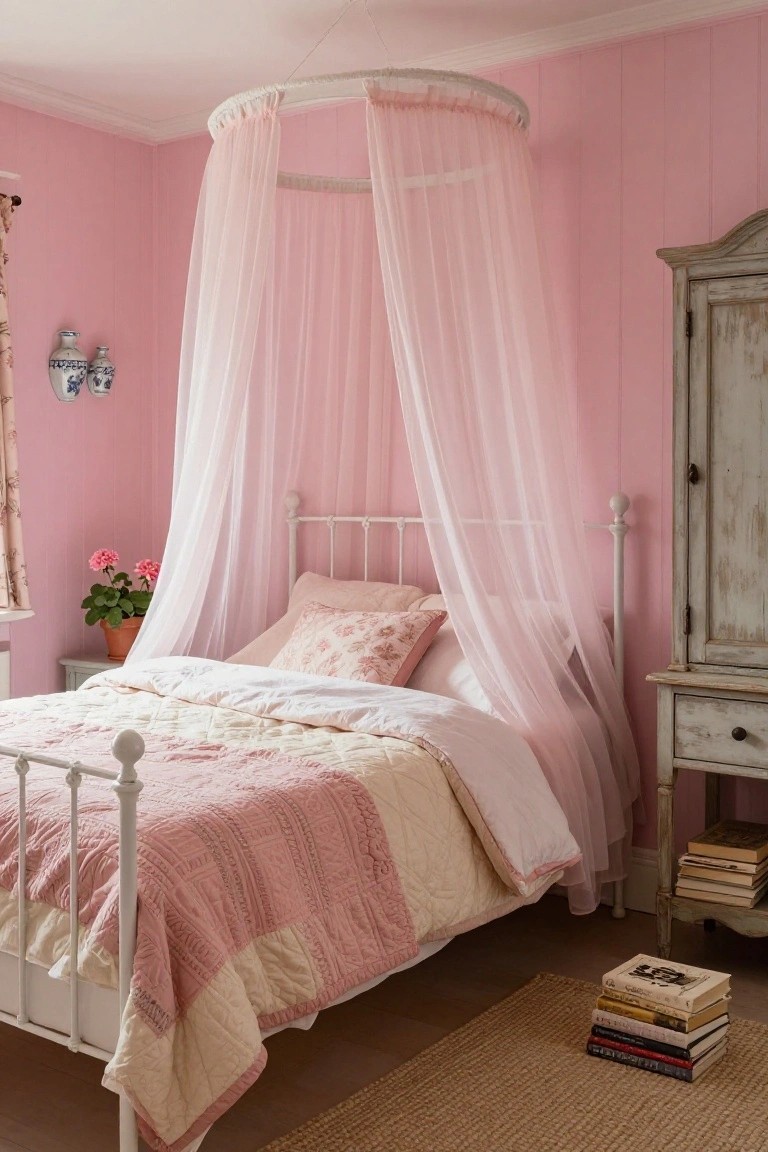 Pink paneled bedroom with white iron bed under circular sheer canopy, antique gray armoire, side table with plant, and stack of books on seagrass rug.