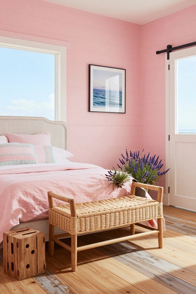 A bedroom featuring blush pink shiplap walls, a white upholstered bed with pink and pastel linens, a woven bench holding lavender stems, wooden side stool, ocean view picture, and large windows with a white barn door.