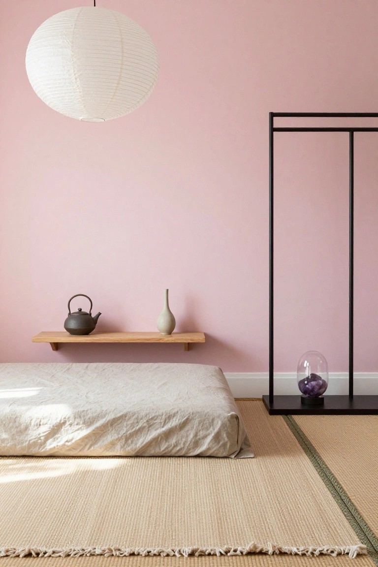 Blush pink walls in a minimalist bedroom featuring tatami mat flooring, low gray linen futon, wooden shelf with black teapot and beige vase, white paper lantern hanging from ceiling, black metal clothing rack with glass dome containing purple crystals.