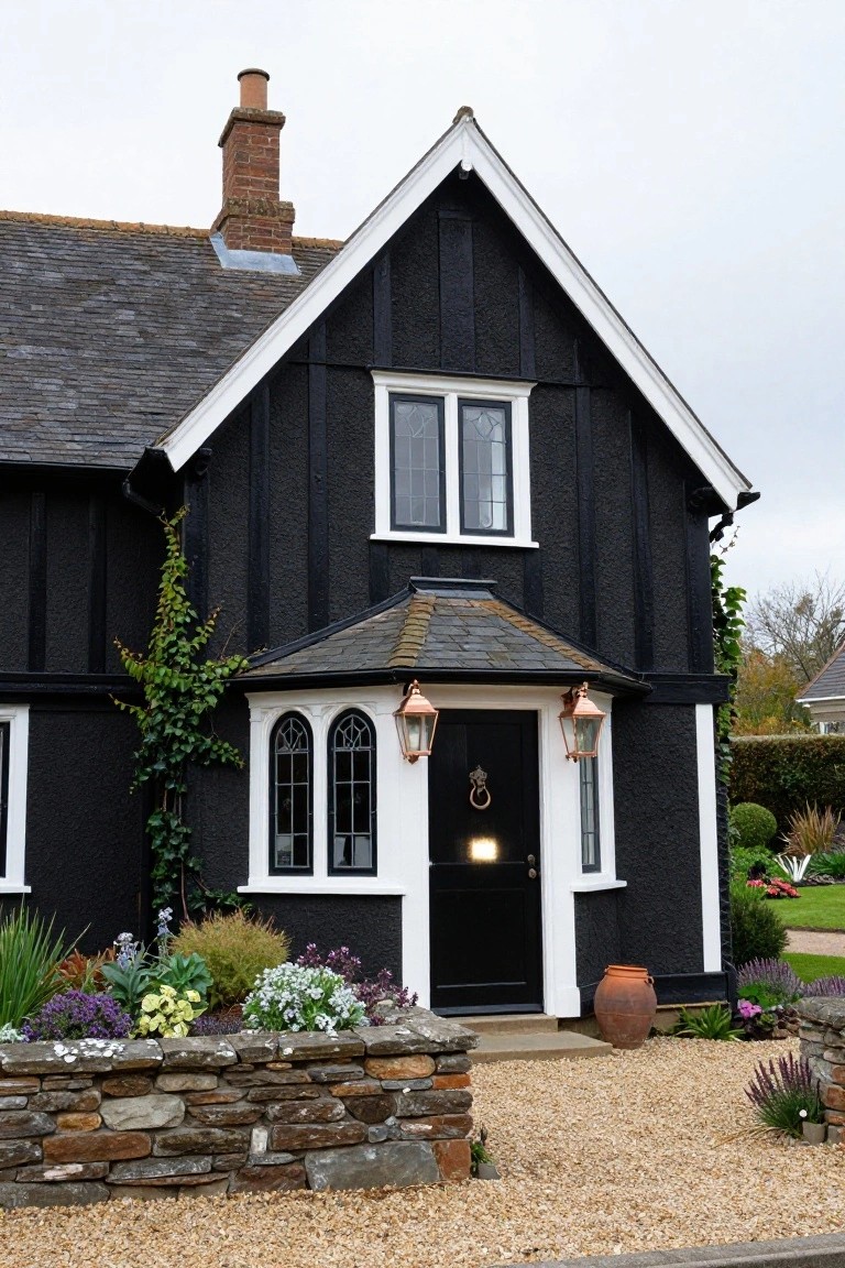 Black and white Tudor-style house exterior with dark timber framing, white window frames and trim, ivy on one side, copper lanterns flanking the front door, and flower beds along a stone wall in front.