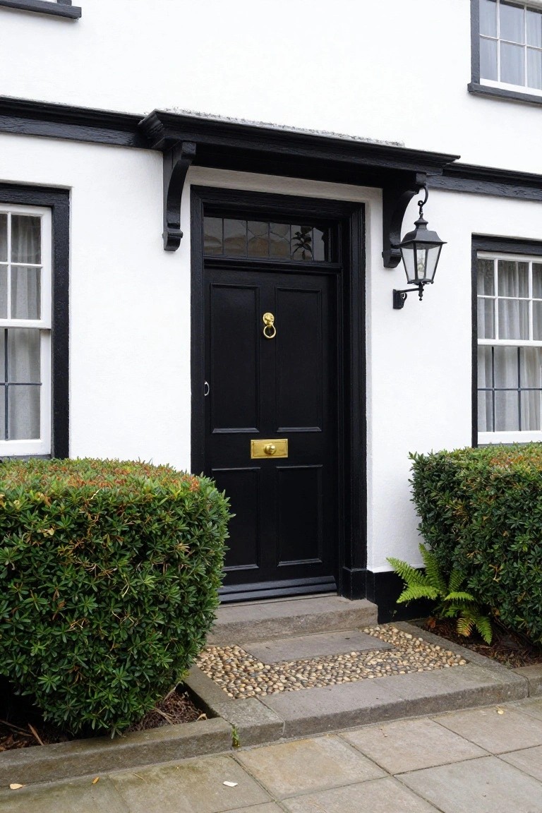 White house exterior with black trim around windows and door, black front door featuring gold knocker and letterbox, flanked by boxwood shrubs, stone steps and pebble path leading to entrance.