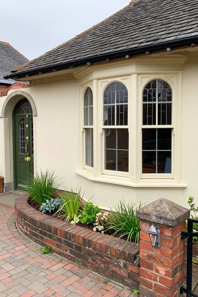 Cream stucco house exterior with dark green arched door, brass knocker, tall bay windows with leaded glass, brick retaining wall holding plants and grasses, and curved paved path.