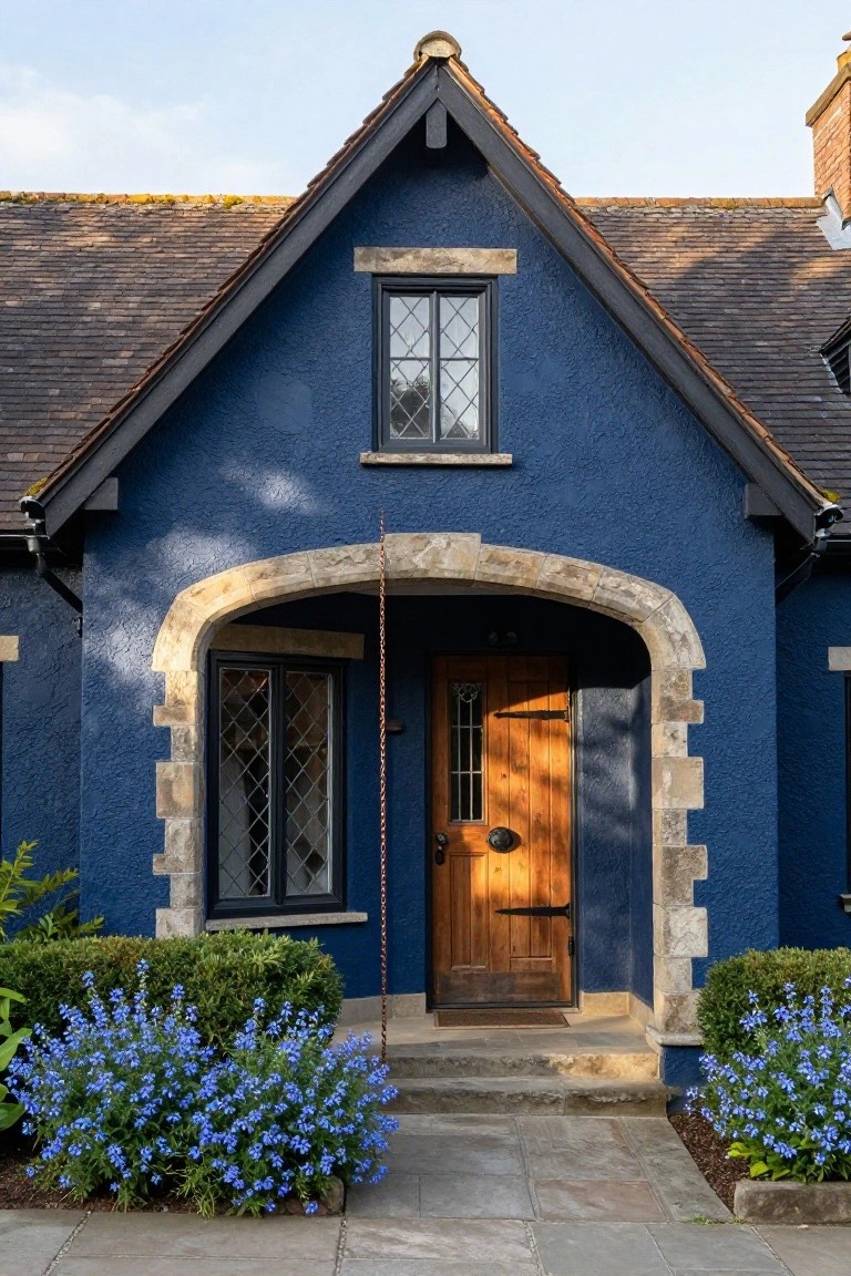 Front view of a navy blue Tudor-style house with gabled roof, leaded glass windows, arched stone entry porch, wooden door, and blue flowering shrubs flanking the steps.