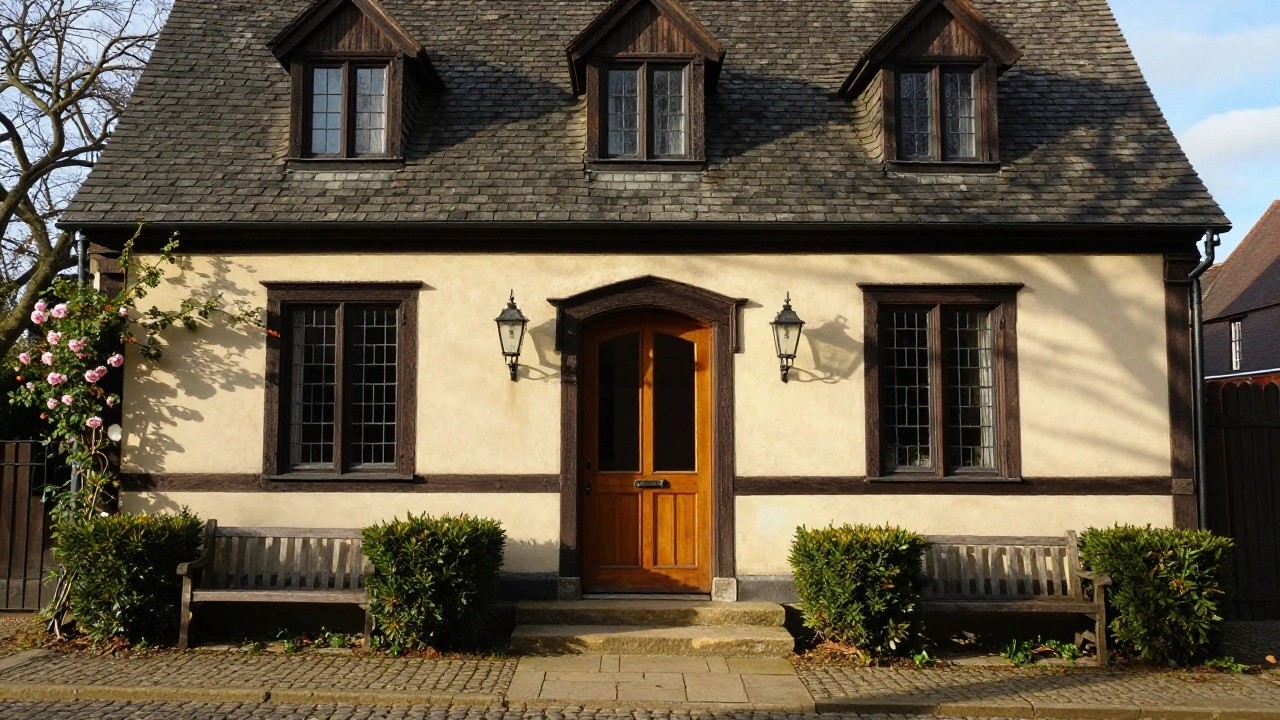 Tudor-style house with pale cream stucco walls, dark timber framing, black-framed leaded windows, wooden front door, climbing pink roses, potted plants, wooden bench, stone steps, and cobblestone path.