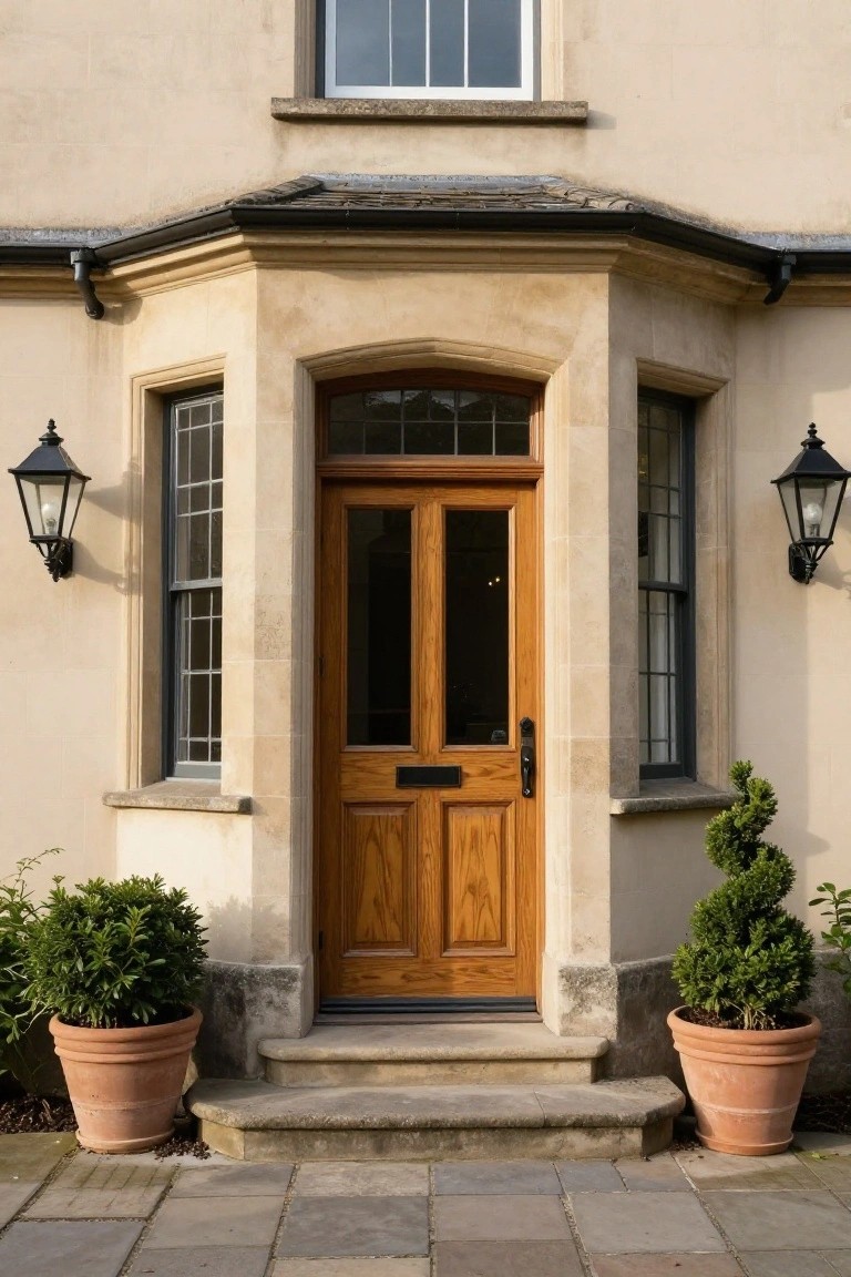 Beige stone house exterior featuring a central arched wooden double door entryway, flanked by leaded glass windows, black lanterns, and potted spiral boxwood shrubs on stone steps with slate paving.