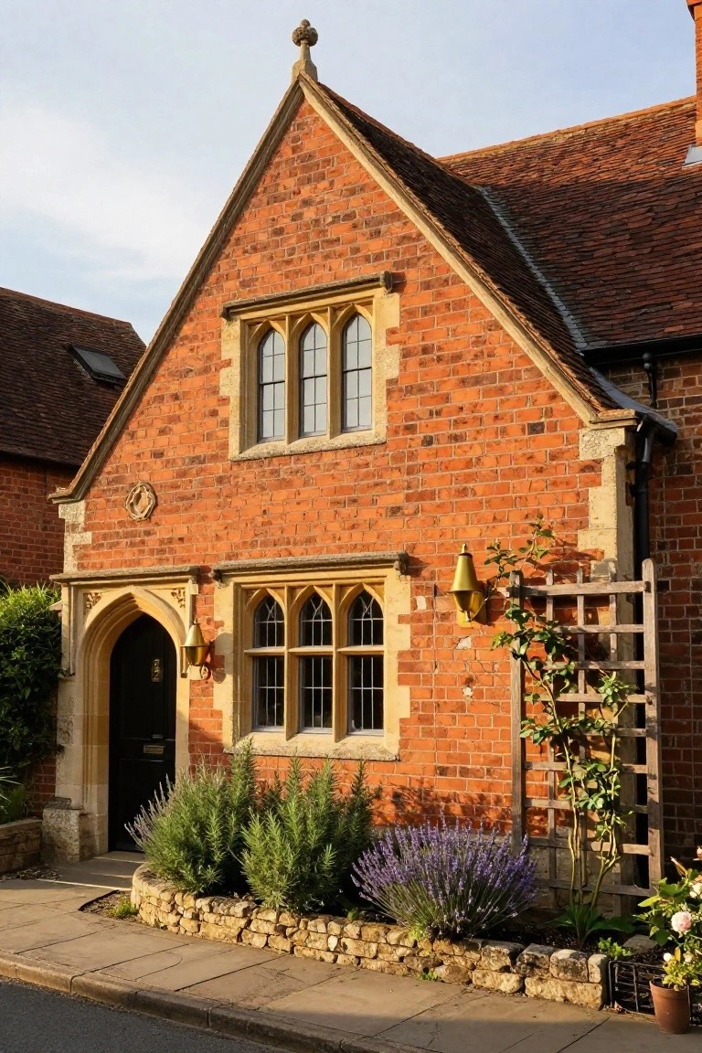 Red brick Tudor house exterior with gabled roof, stone-trimmed leaded windows, arched entry door, gold lanterns, climbing vine trellis, and front garden bed with lavender and shrubs along a stone path.