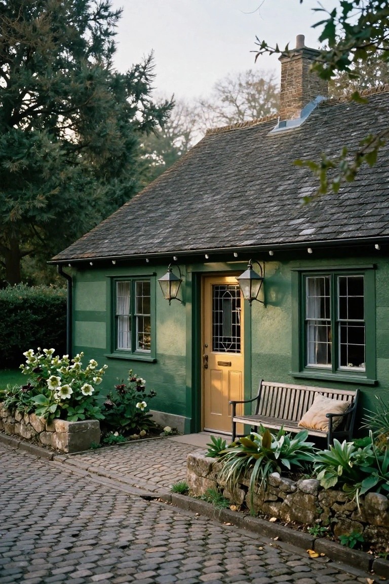 A small sage green Tudor cottage with yellow front door, black-framed windows, lanterns, wooden bench, plants in stone beds, and cobblestone path under trees.